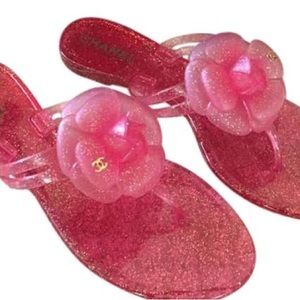 SOLD!! CHANEL Camellia Glitters Sandals in Rose Clair